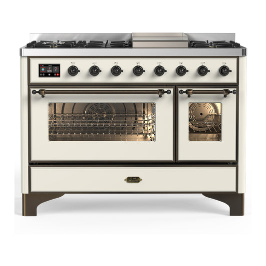 ILVE Majestic III 48" Antique White Dual Fuel Range with 8 Burners and Griddle Triple Glass Door Natural Gas