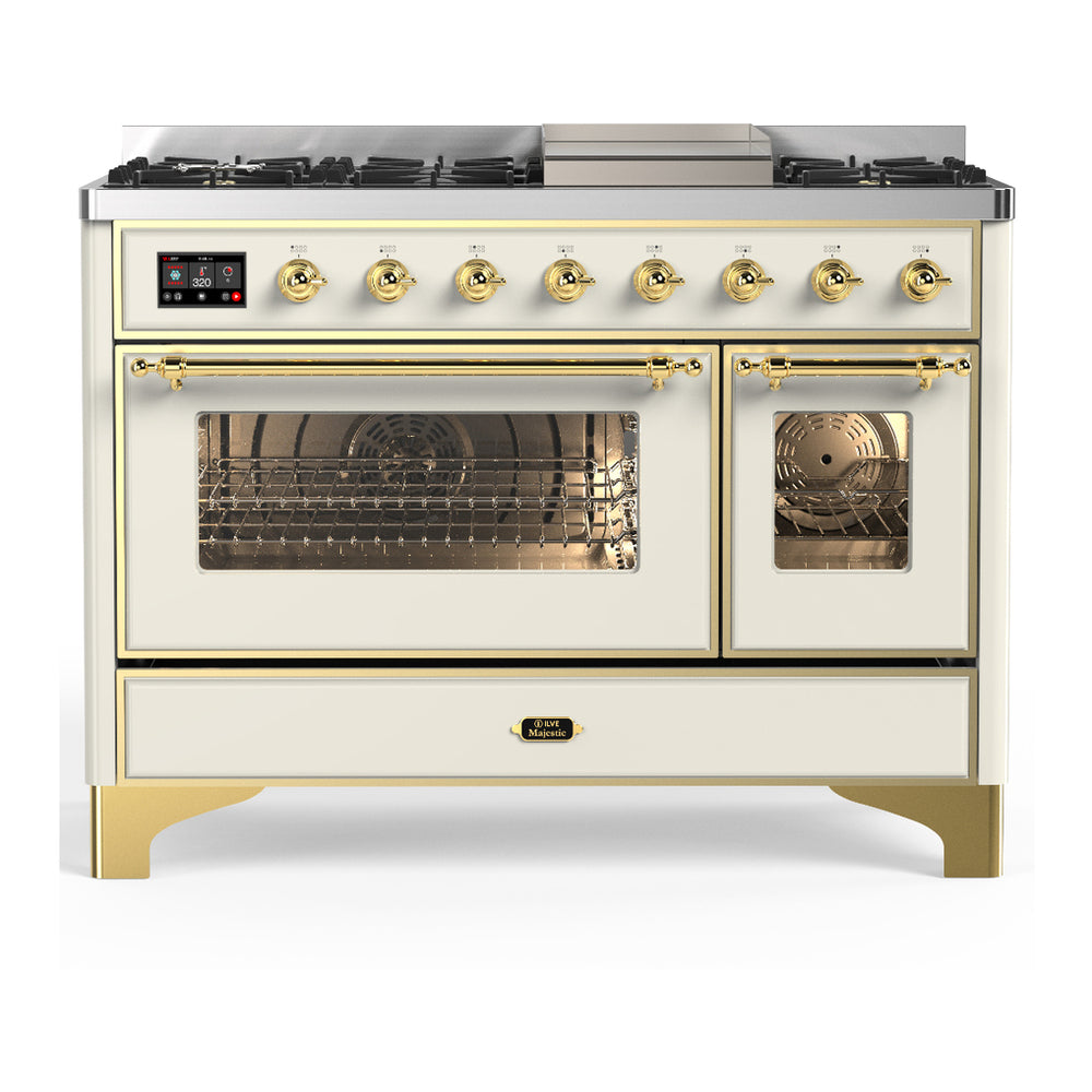 ILVE Majestic III 48" Antique White Dual Fuel Range with 8 Burners and Griddle Triple Glass Door Natural Gas