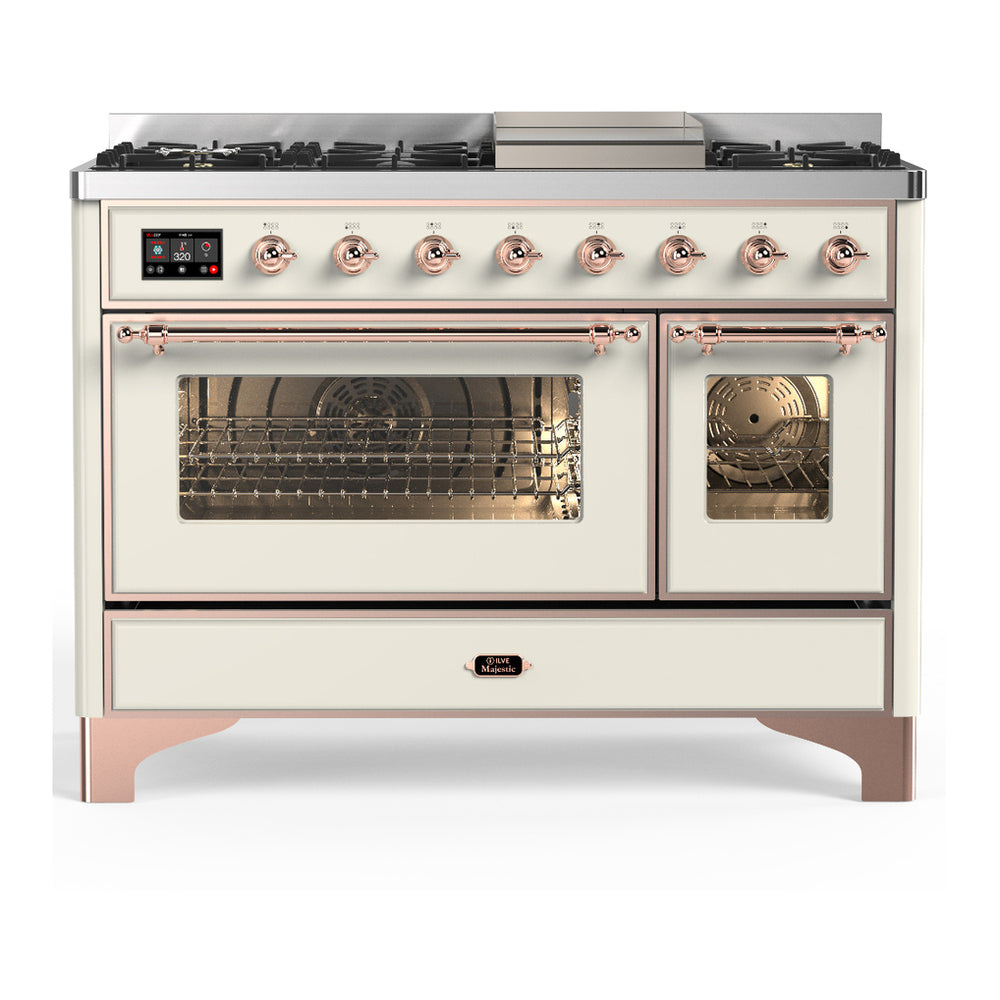 ILVE Majestic III 48" Antique White Dual Fuel Range with 8 Burners and Griddle Triple Glass Door Liquid Propane