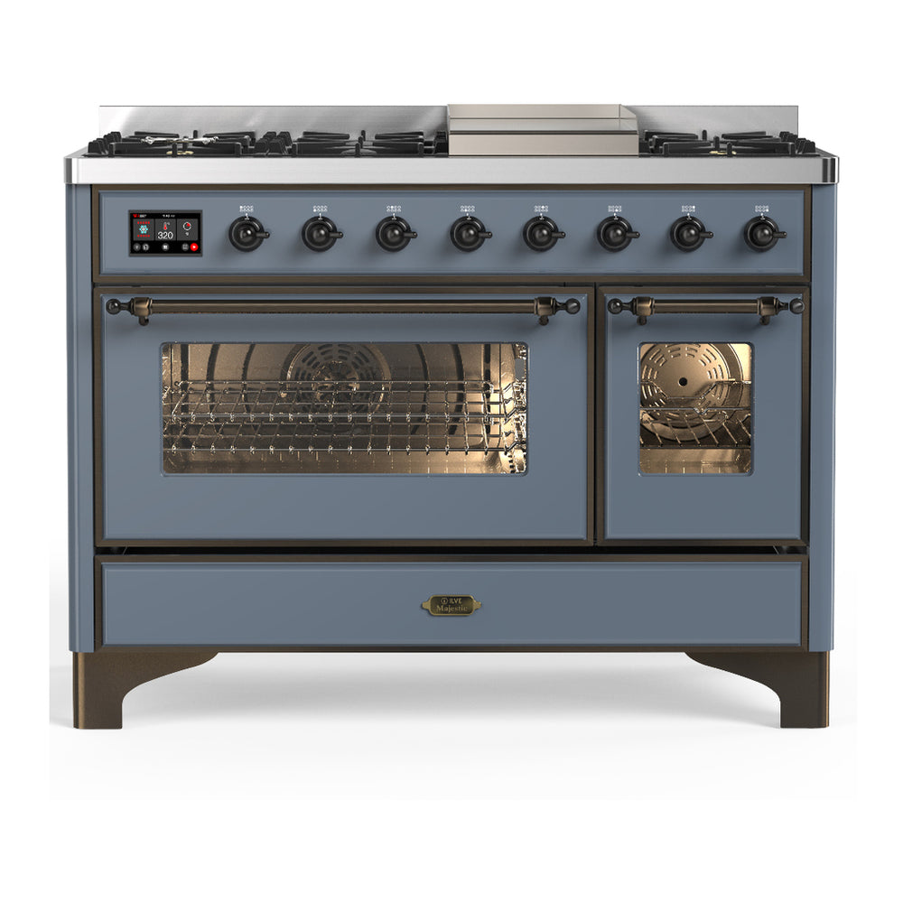 ILVE Majestic III 48" Blue Grey Dual Fuel Range with 8 Burners and Griddle Triple Glass Door Natural Gas