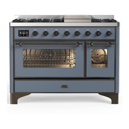 ILVE Majestic III 48" Blue Grey Dual Fuel Range with 8 Burners and Griddle Triple Glass Door Natural Gas