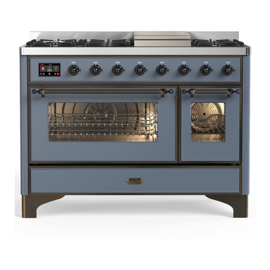 ILVE Majestic III 48" Blue Grey Dual Fuel Range with 8 Burners and Griddle Triple Glass Door Natural Gas