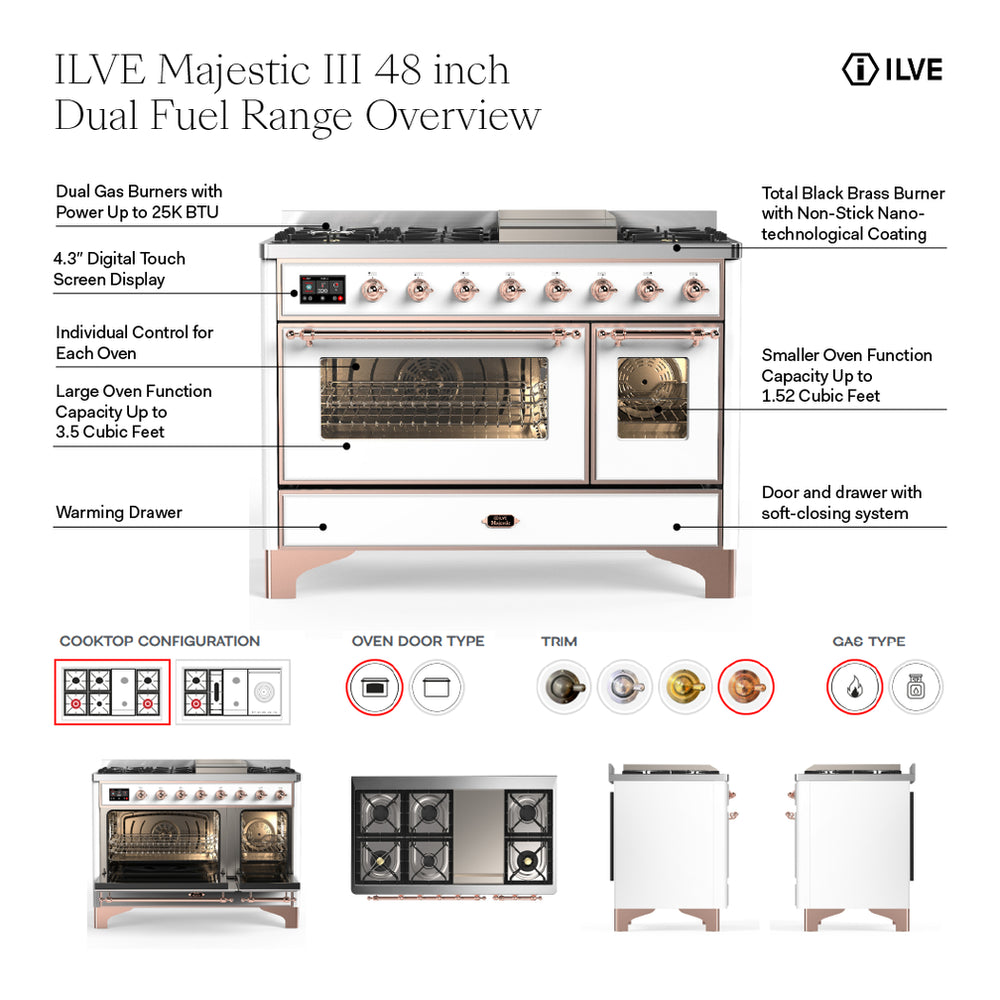 ILVE Majestic III 48" Blue Grey Dual Fuel Range with 8 Burners and Griddle Triple Glass Door Natural Gas