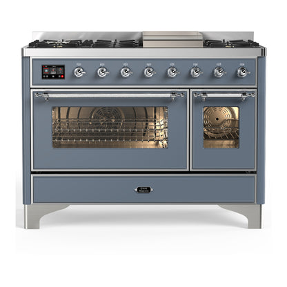 ILVE Majestic III 48" Blue Grey Dual Fuel Range with 8 Burners and Griddle Triple Glass Door Natural Gas