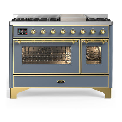 ILVE Majestic III 48" Blue Grey Dual Fuel Range with 8 Burners and Griddle Triple Glass Door Liquid Propane