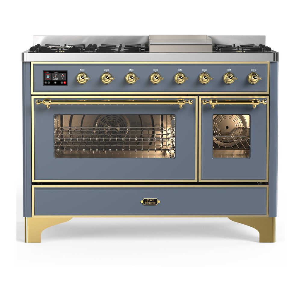 ILVE Majestic III 48" Blue Grey Dual Fuel Range with 8 Burners and Griddle Triple Glass Door Natural Gas