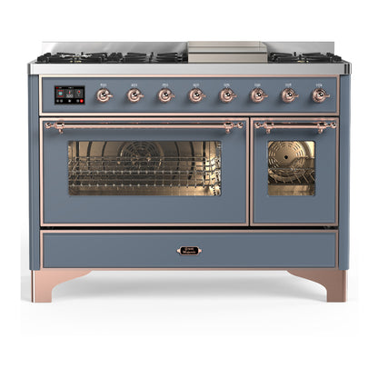 ILVE Majestic III 48" Blue Grey Dual Fuel Range with 8 Burners and Griddle Triple Glass Door Natural Gas