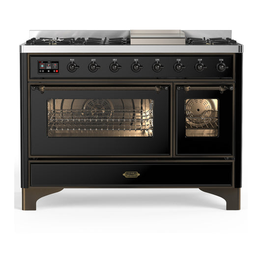 ILVE Majestic III 48" Glossy Black Dual Fuel Range with 8 Burners and Griddle Triple Glass Door Liquid Propane