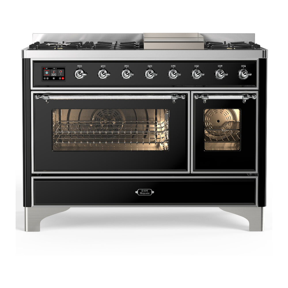 ILVE Majestic III 48" Glossy Black Dual Fuel Range with 8 Burners and Griddle Triple Glass Door Liquid Propane