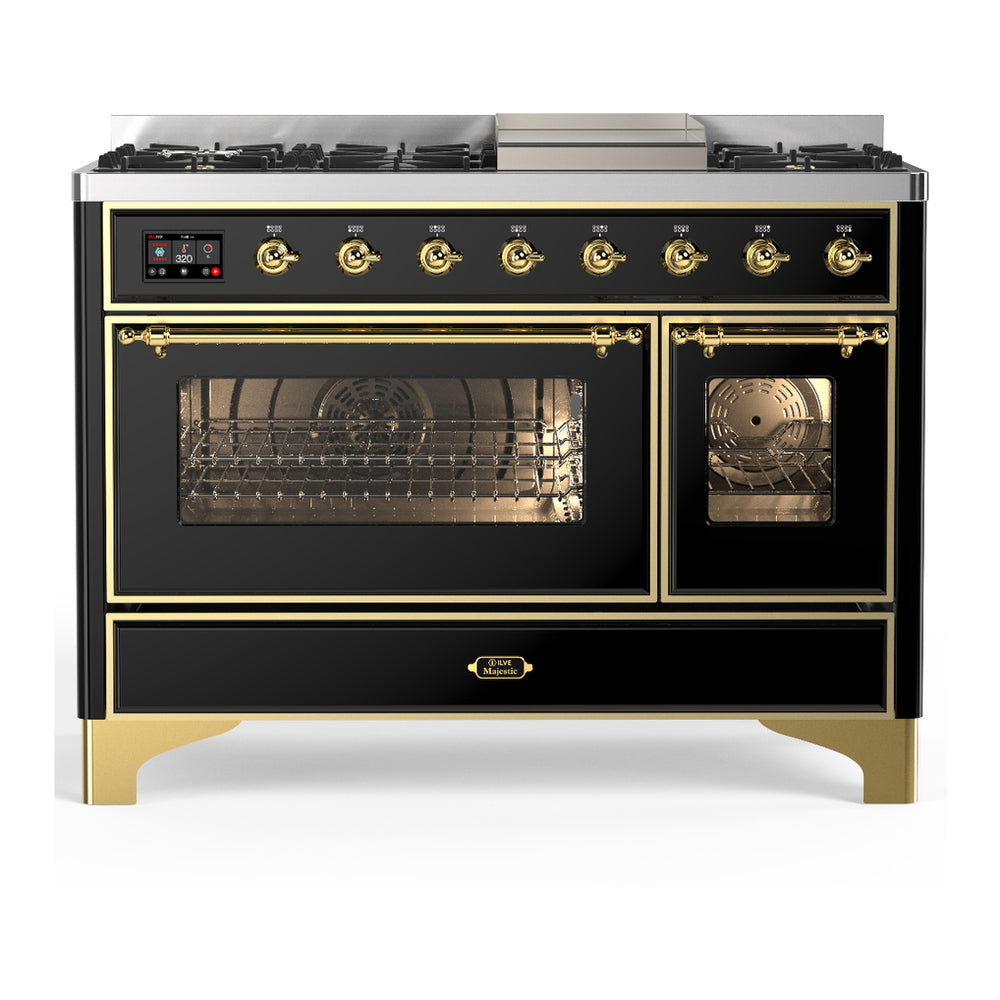 ILVE Majestic III 48" Glossy Black Dual Fuel Range with 8 Burners and Griddle Triple Glass Door Natural Gas