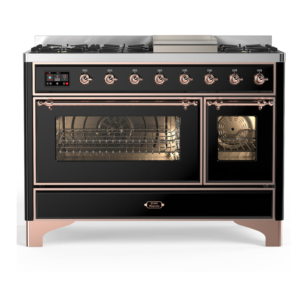 ILVE Majestic III 48" Glossy Black Dual Fuel Range with 8 Burners and Griddle Triple Glass Door Natural Gas