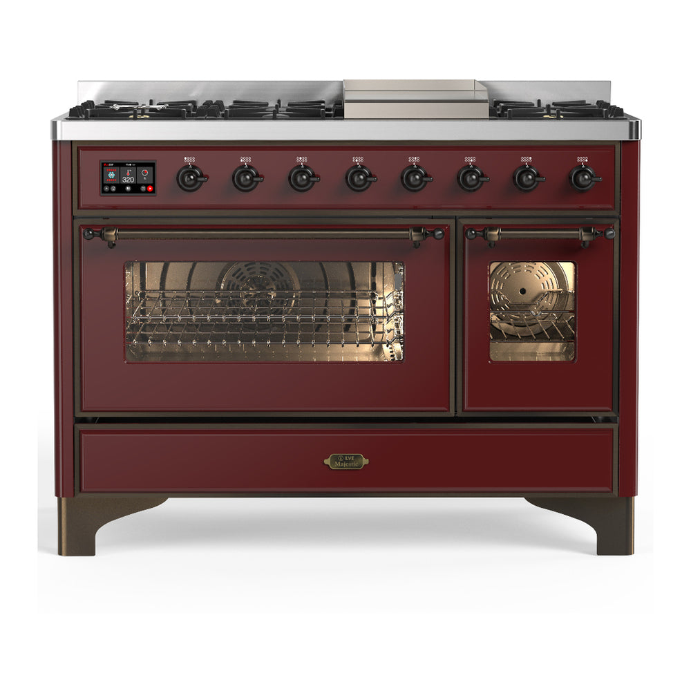 ILVE Majestic III 48" Burgundy Dual Fuel Range with 8 Burners and Griddle Triple Glass Door Natural Gas