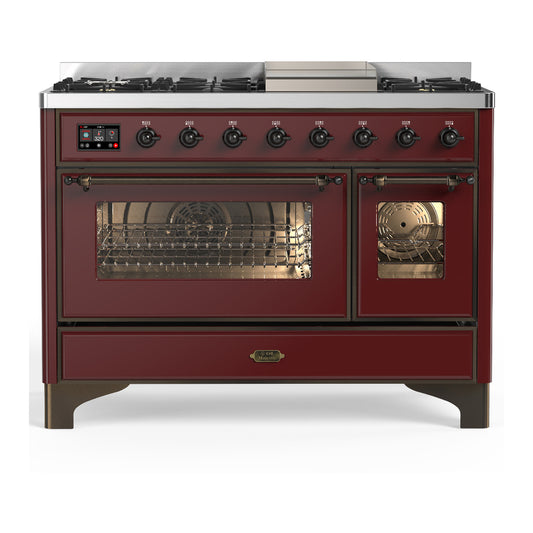ILVE Majestic III 48" Burgundy Dual Fuel Range with 8 Burners and Griddle Triple Glass Door Natural Gas