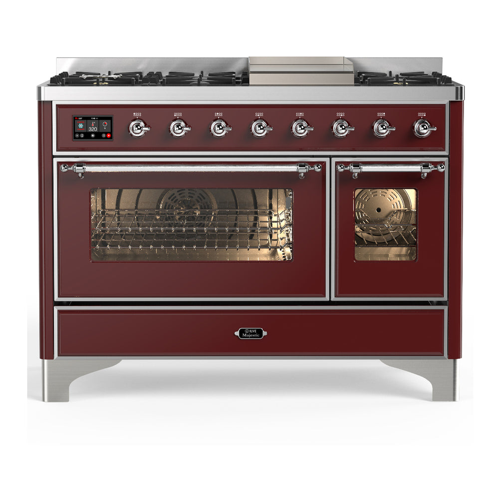 ILVE Majestic III 48" Burgundy Dual Fuel Range with 8 Burners and Griddle Triple Glass Door Natural Gas