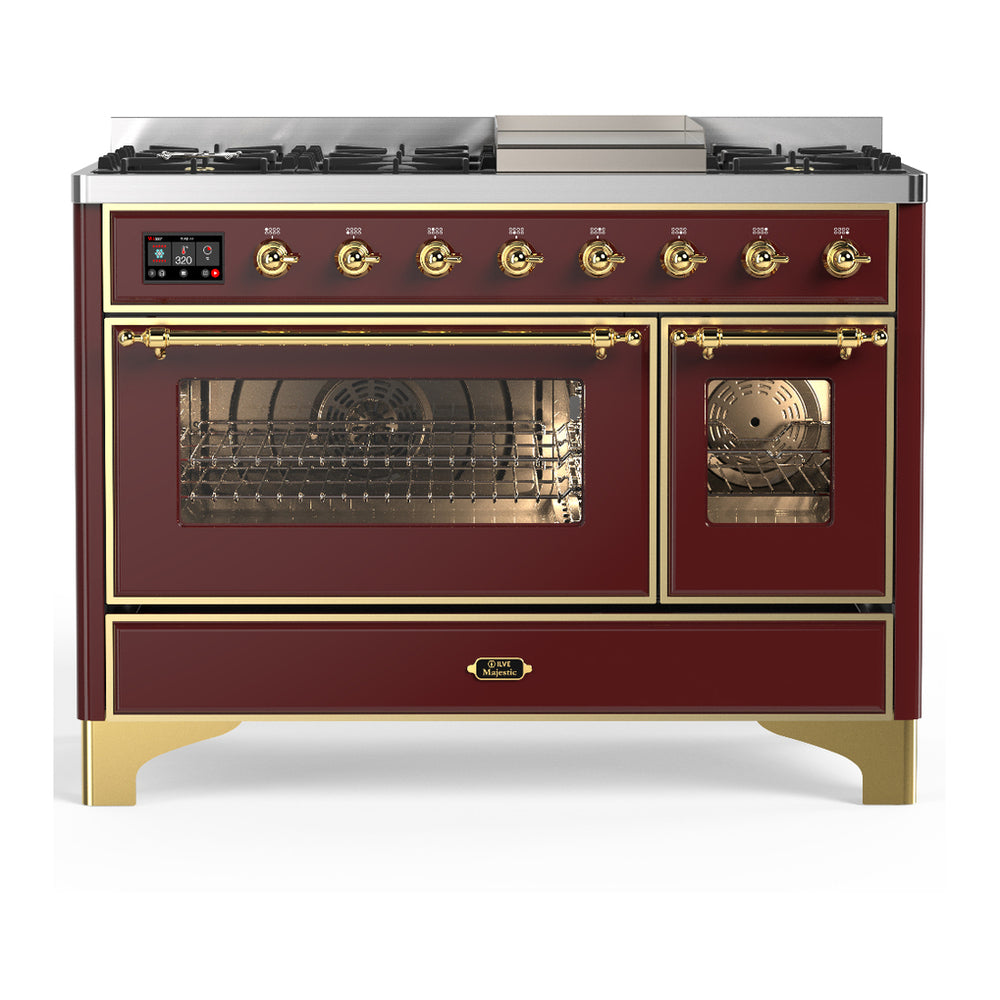 ILVE Majestic III 48" Burgundy Dual Fuel Range with 8 Burners and Griddle Triple Glass Door Liquid Propane