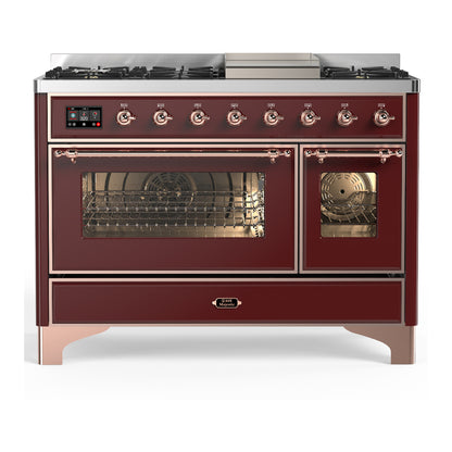 ILVE Majestic III 48" Burgundy Dual Fuel Range with 8 Burners and Griddle Triple Glass Door Liquid Propane