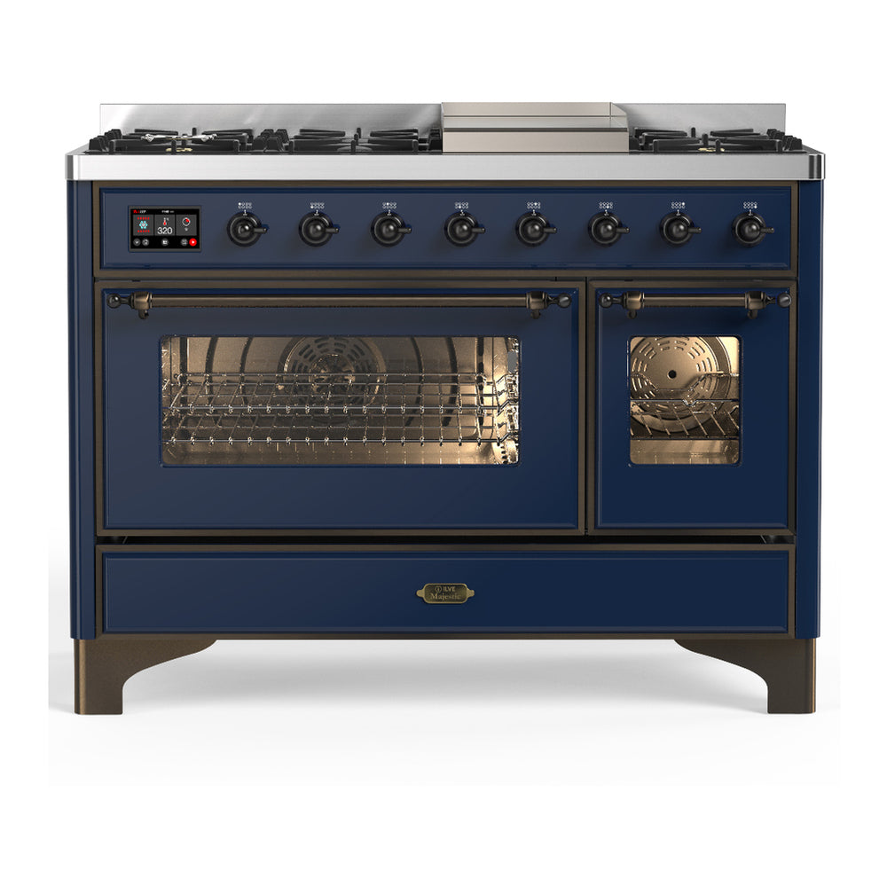 ILVE Majestic III 48" Midnight Blue Dual Fuel Range with 8 Burners and Griddle Triple Glass Door Liquid Propane