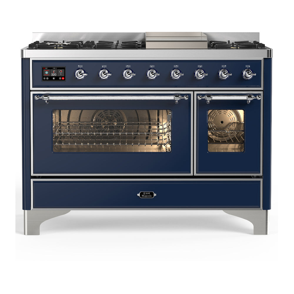 ILVE Majestic III 48" Midnight Blue Dual Fuel Range with 8 Burners and Griddle Triple Glass Door Liquid Propane