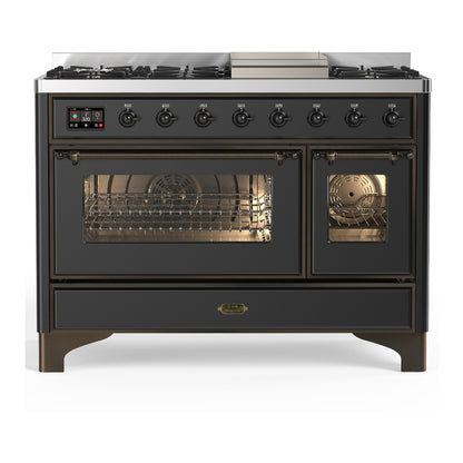 ILVE Majestic III 48" Graphite Matte Dual Fuel Range with 8 Burners and Griddle Triple Glass Door Liquid Propane