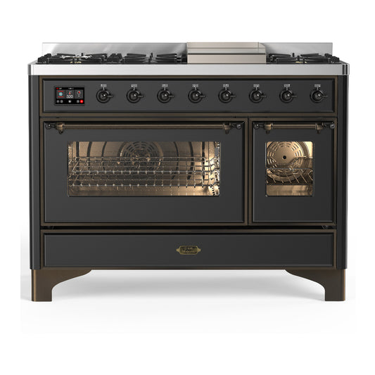 ILVE Majestic III 48" Graphite Matte Dual Fuel Range with 8 Burners and Griddle Triple Glass Door Liquid Propane