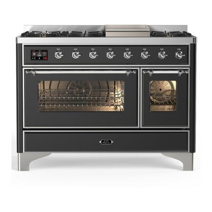 ILVE Majestic III 48" Graphite Matte Dual Fuel Range with 8 Burners and Griddle Triple Glass Door Liquid Propane