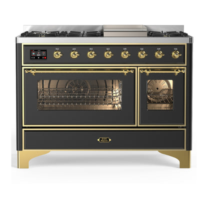 ILVE Majestic III 48" Graphite Matte Dual Fuel Range with 8 Burners and Griddle Triple Glass Door Liquid Propane