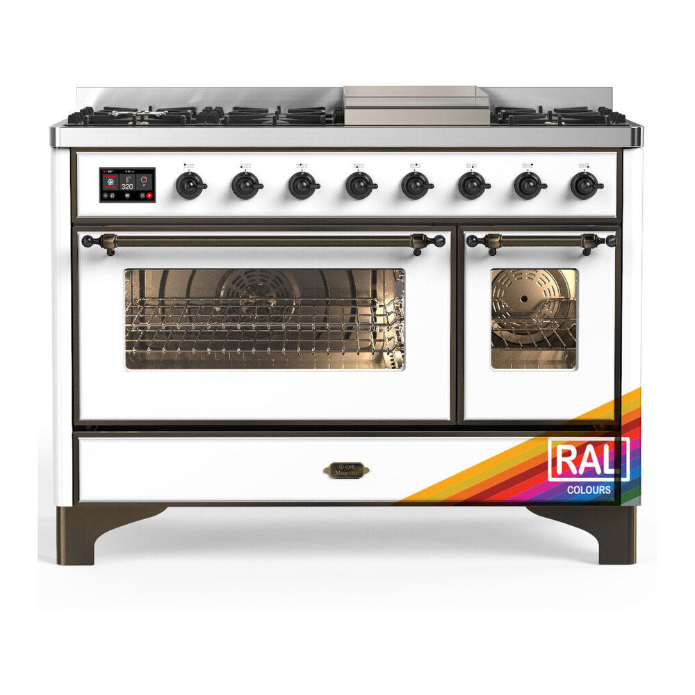 ILVE Majestic III 48" RAL Dual Fuel Range with 8 Burners and Griddle Triple Glass Door Liquid Propane