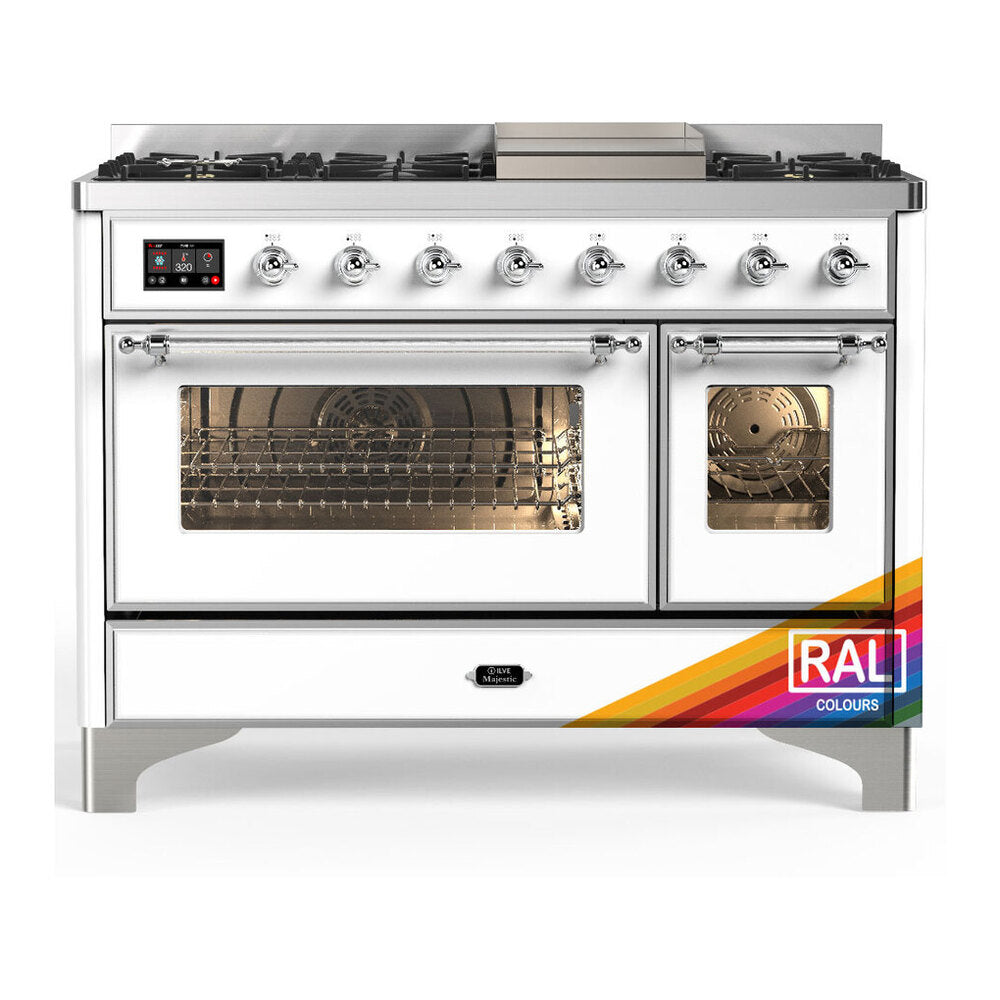 ILVE Majestic III 48" RAL Dual Fuel Range with 8 Burners and Griddle Triple Glass Door Liquid Propane