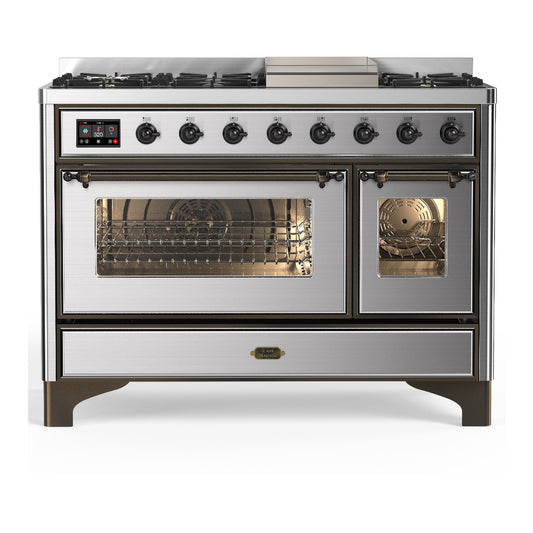 ILVE Majestic III 48" Stainless Steel Dual Fuel Range with 8 Burners and Griddle Triple Glass Door Natural Gas