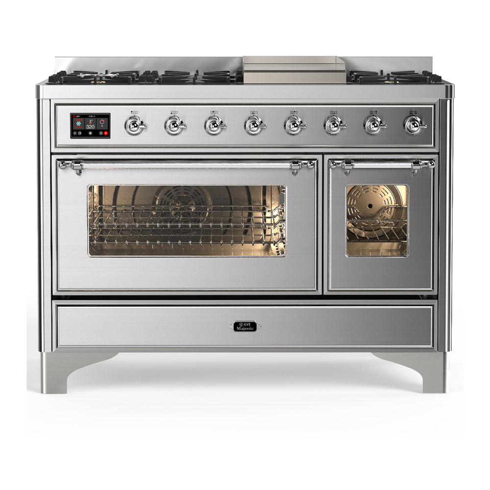 ILVE Majestic III 48" Stainless Steel Dual Fuel Range with 8 Burners and Griddle Triple Glass Door Liquid Propane