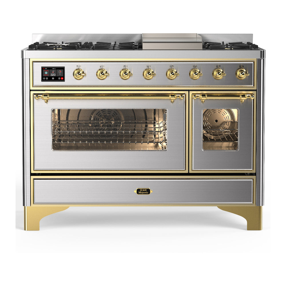ILVE Majestic III 48" Stainless Steel Dual Fuel Range with 8 Burners and Griddle Triple Glass Door Natural Gas