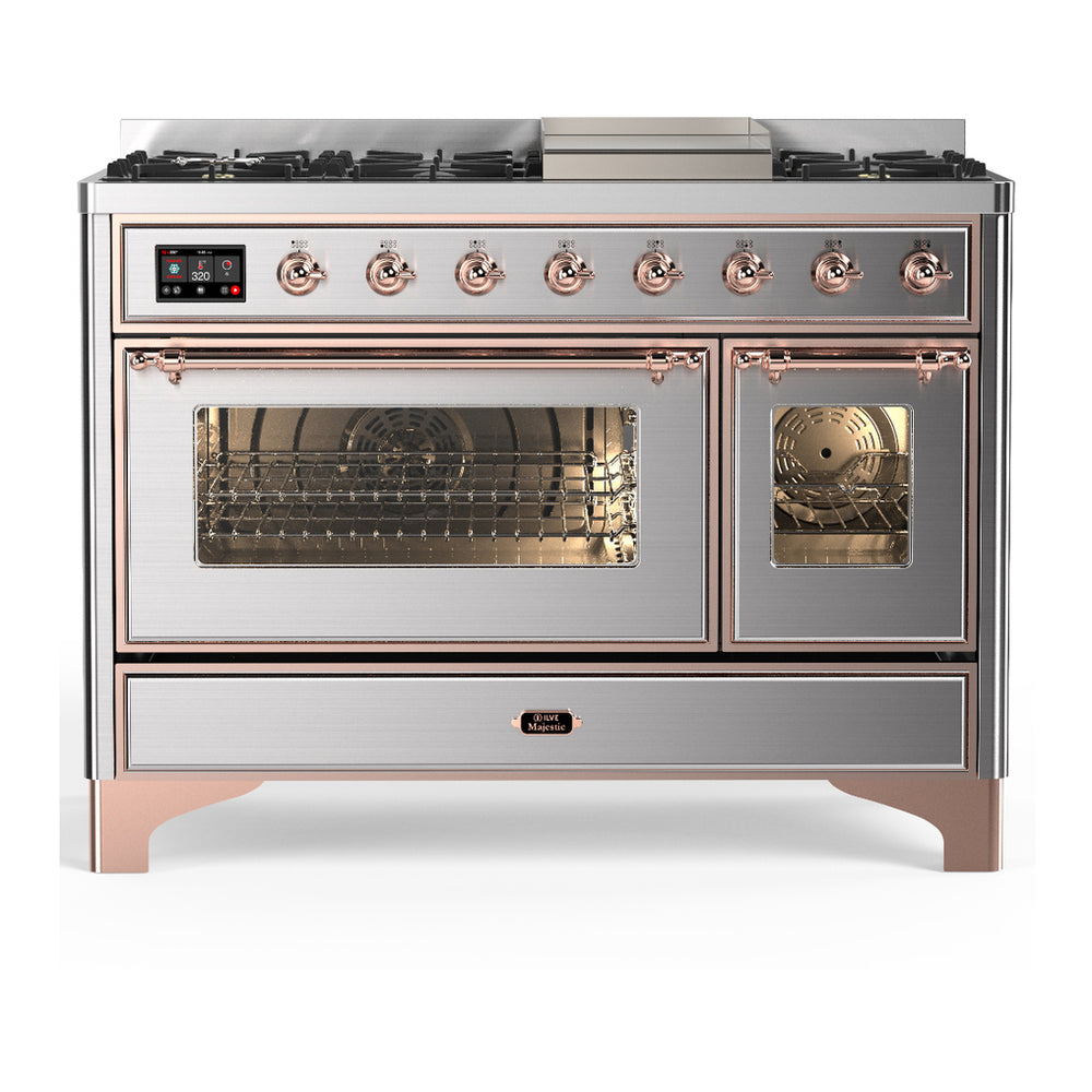ILVE Majestic III 48" Stainless Steel Dual Fuel Range with 8 Burners and Griddle Triple Glass Door Natural Gas