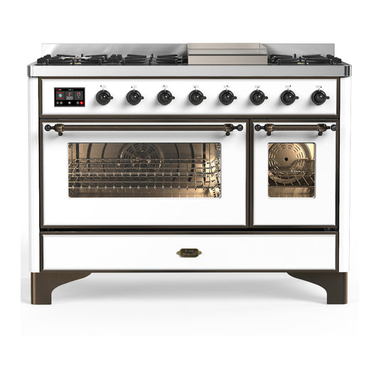 ILVE Majestic III 48" White Dual Fuel Range with 8 Burners and Griddle Triple Glass Door Liquid Propane