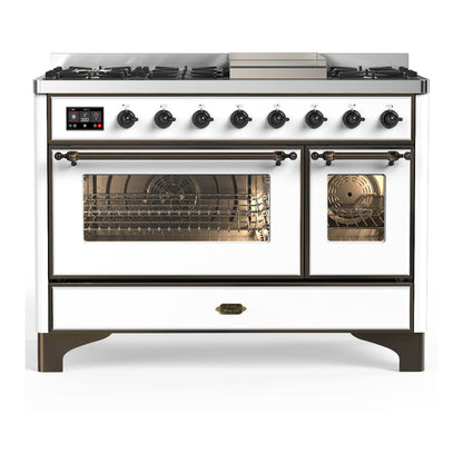 ILVE Majestic III 48" White Dual Fuel Range with 8 Burners and Griddle Triple Glass Door Natural Gas