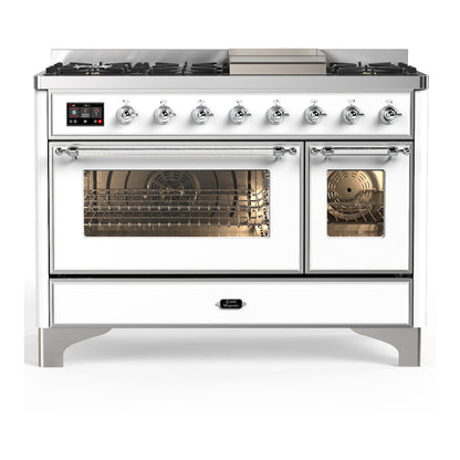 ILVE Majestic III 48" White Dual Fuel Range with 8 Burners and Griddle Triple Glass Door Natural Gas