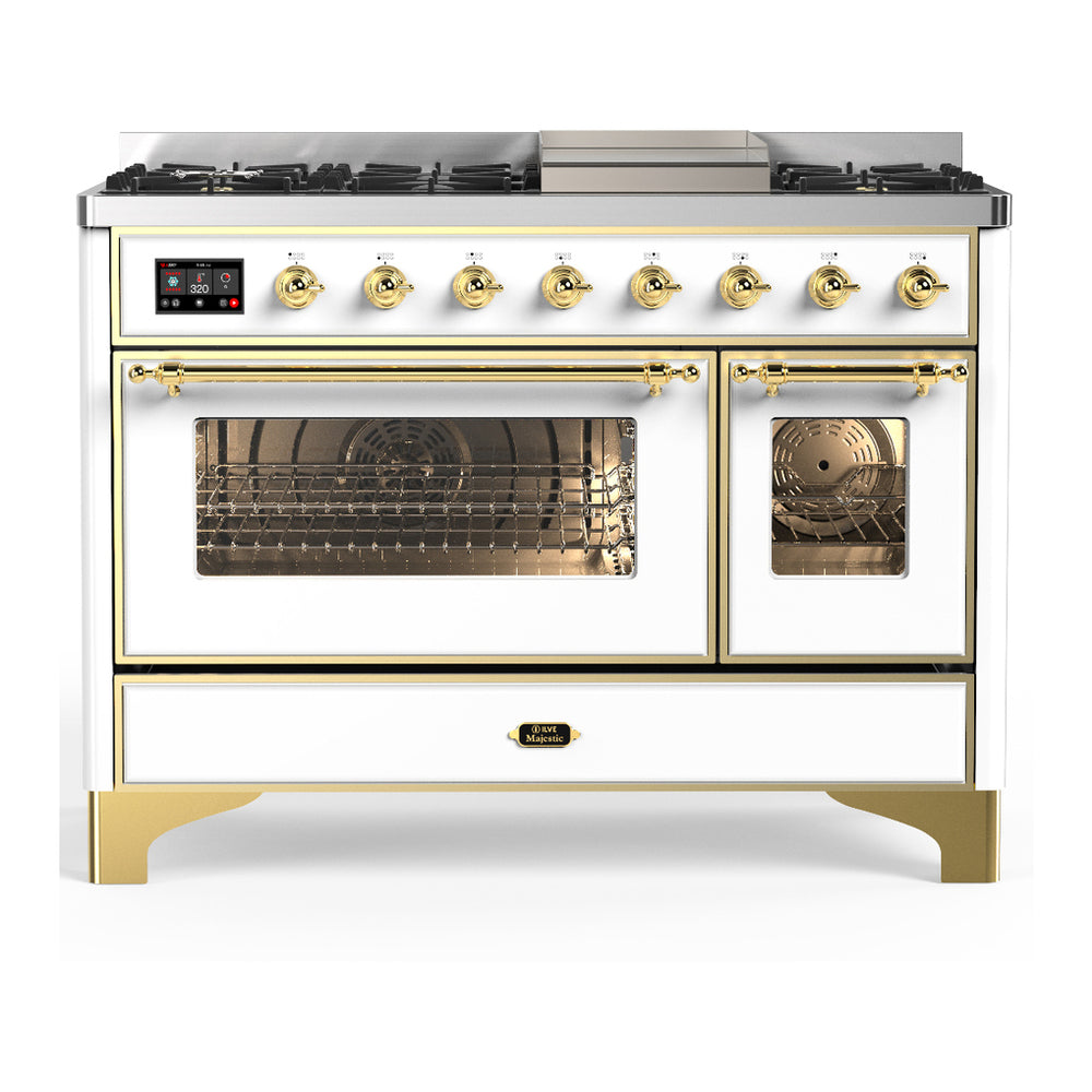 ILVE Majestic III 48" White Dual Fuel Range with 8 Burners and Griddle Triple Glass Door Liquid Propane
