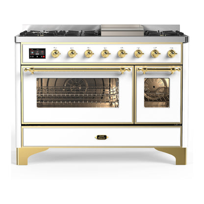 ILVE Majestic III 48" White Dual Fuel Range with 8 Burners and Griddle Triple Glass Door Natural Gas