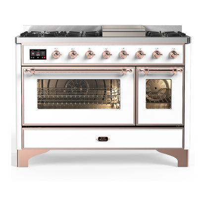 ILVE Majestic III 48" White Dual Fuel Range with 8 Burners and Griddle Triple Glass Door Liquid Propane