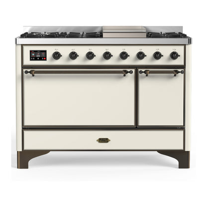 ILVE Majestic III 48" Antique White Dual Fuel Range with 8 Burners and Griddle Solid Door Liquid Propane