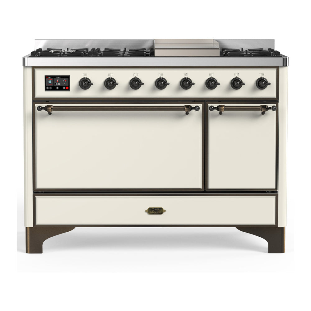 ILVE Majestic III 48" Antique White Dual Fuel Range with 8 Burners and Griddle Solid Door Natural Gas