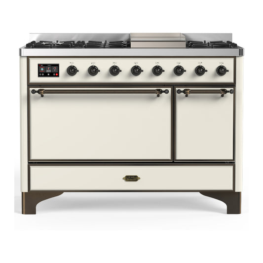 ILVE Majestic III 48" Antique White Dual Fuel Range with 8 Burners and Griddle Solid Door Natural Gas