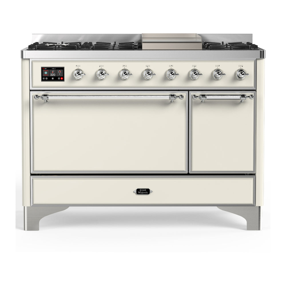 ILVE Majestic III 48" Antique White Dual Fuel Range with 8 Burners and Griddle Solid Door Liquid Propane