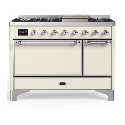 ILVE Majestic III 48" Antique White Dual Fuel Range with 8 Burners and Griddle Solid Door Natural Gas