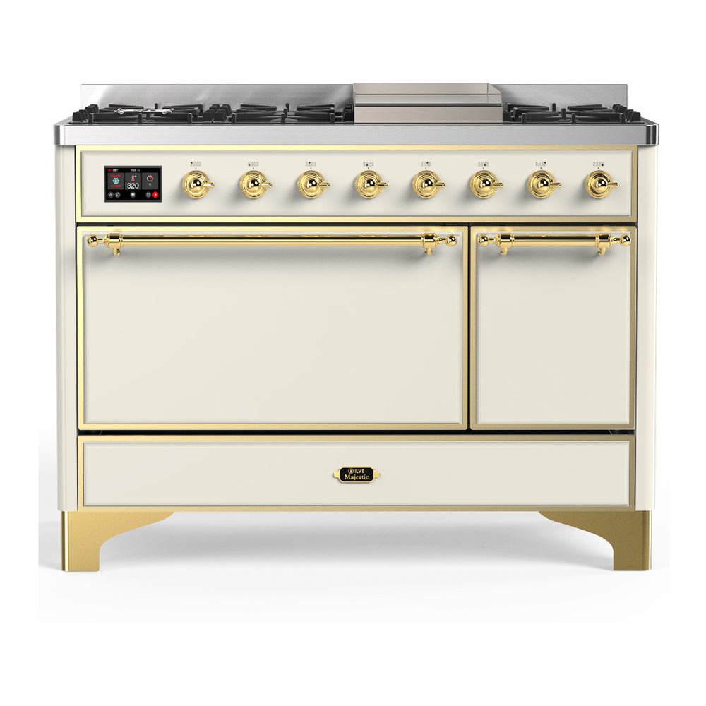 ILVE Majestic III 48" Antique White Dual Fuel Range with 8 Burners and Griddle Solid Door Natural Gas