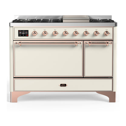 ILVE Majestic III 48" Antique White Dual Fuel Range with 8 Burners and Griddle Solid Door Liquid Propane