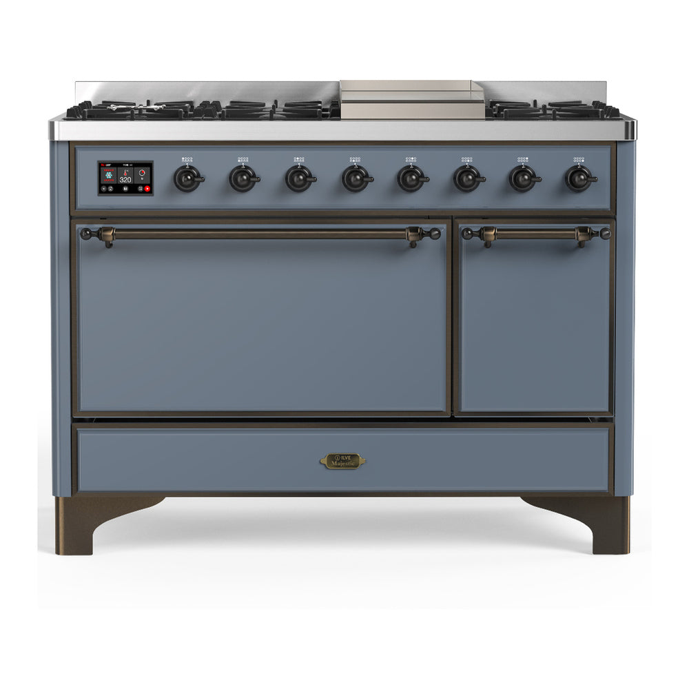 ILVE Majestic III 48" Blue Grey Dual Fuel Range with 8 Burners and Griddle Solid Door Liquid Propane