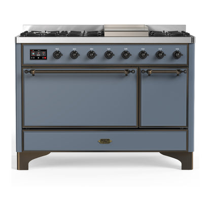 ILVE Majestic III 48" Blue Grey Dual Fuel Range with 8 Burners and Griddle Solid Door Liquid Propane
