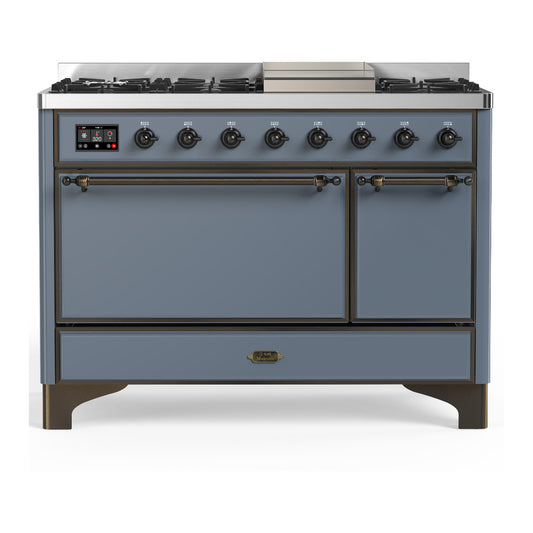 ILVE Majestic III 48" Blue Grey Dual Fuel Range with 8 Burners and Griddle Solid Door Liquid Propane