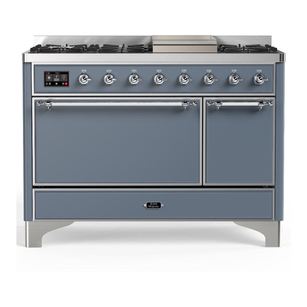 ILVE Majestic III 48" Blue Grey Dual Fuel Range with 8 Burners and Griddle Solid Door Liquid Propane