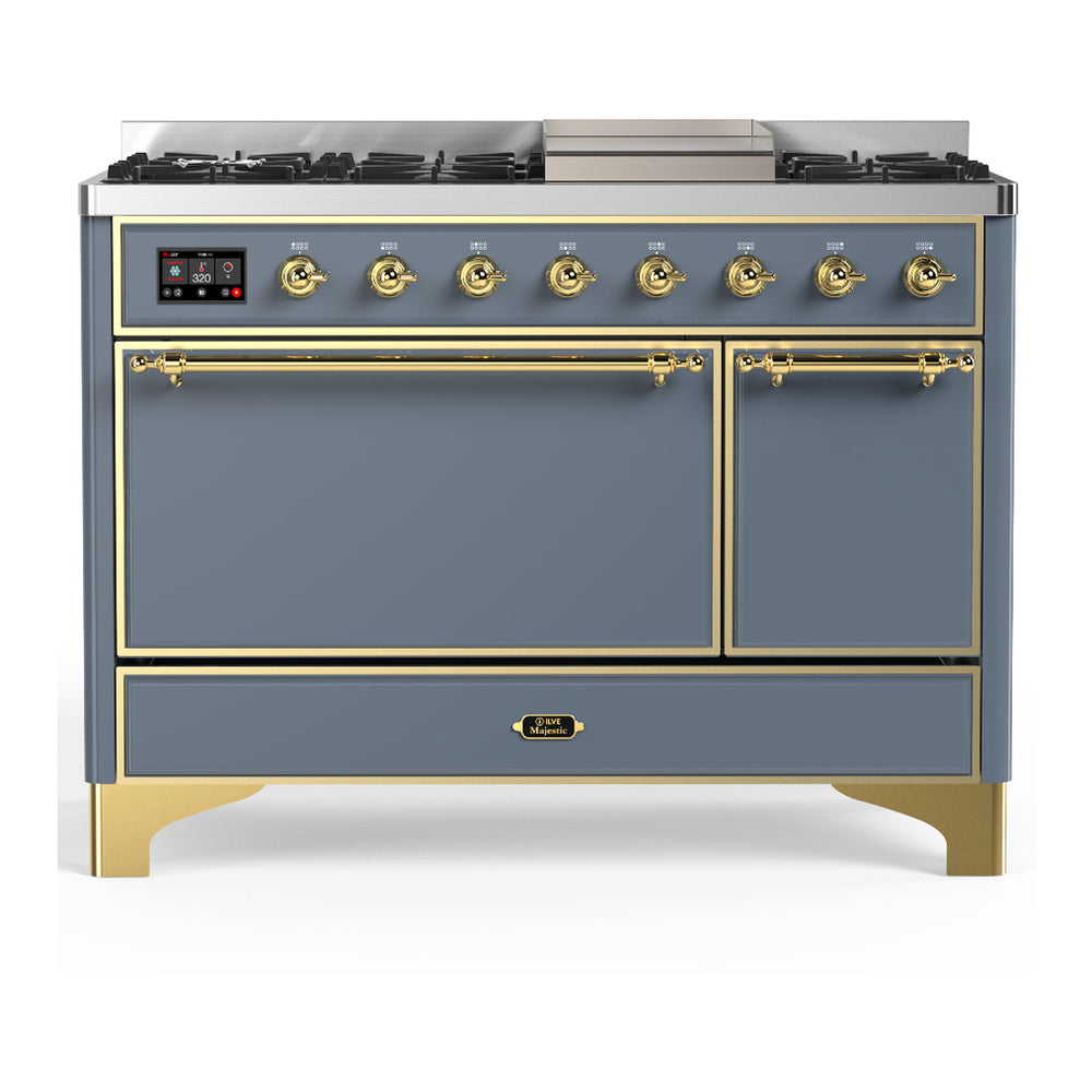 ILVE Majestic III 48" Blue Grey Dual Fuel Range with 8 Burners and Griddle Solid Door Liquid Propane
